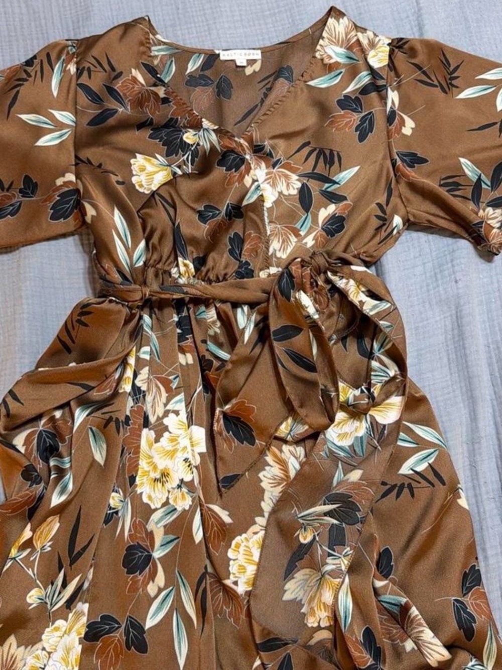 Baltic Born Brown Floral Wrap Midi Dress with Tie